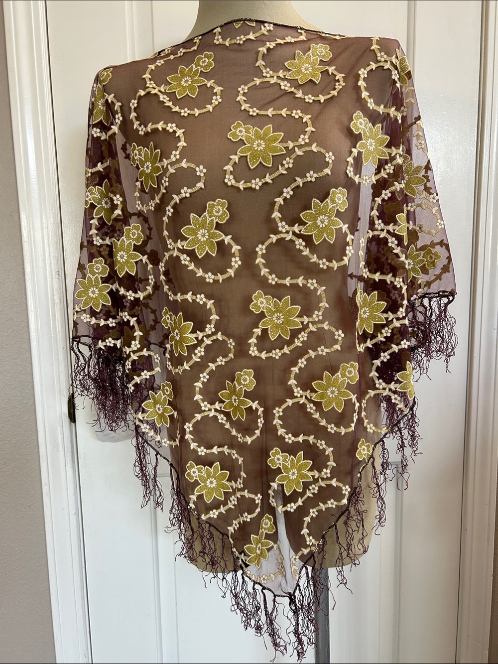 Sheer Embroidered Floral Fringe Shawl - Olive on Burgundy-OS